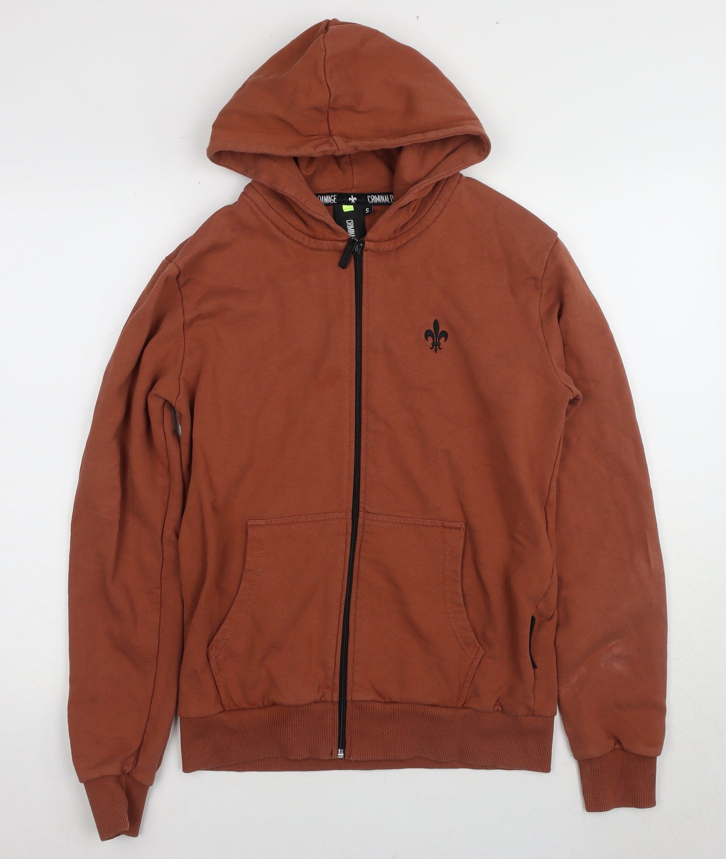 Mens UK Size S Criminal Damage Brown Full Zip Hoodie