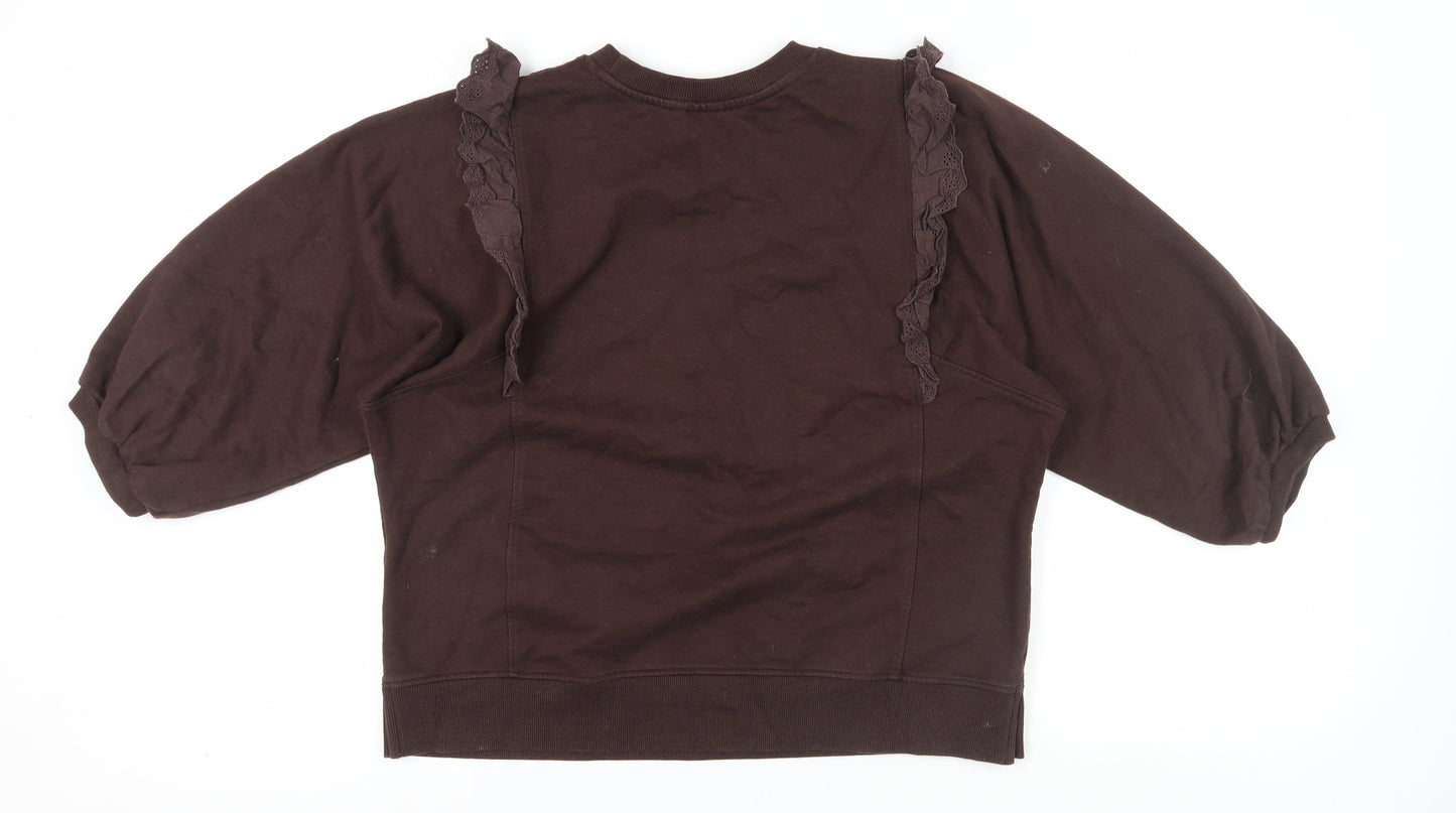 ICHI Women's Brown Ruffle Pullover Sweatshirt, Size L