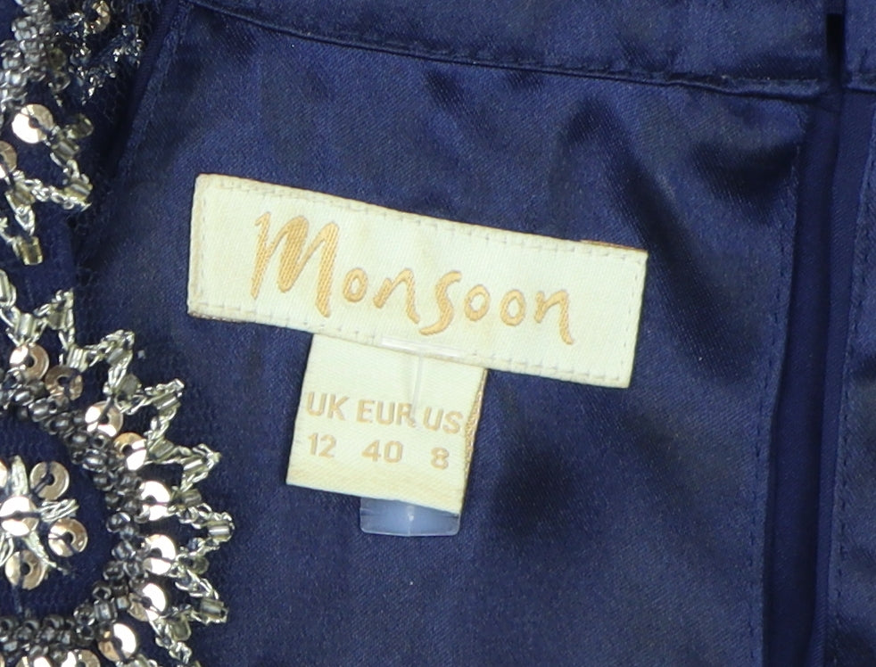 Monsoon Women's Blue Silk A-Line Midi Dress 12