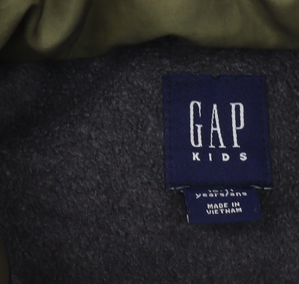 Close-up detail of Gap boys’ green camouflage puffer jacket, 10 years