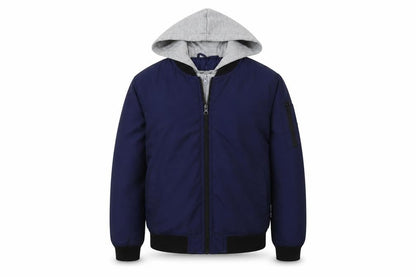 Front view of Lee Cooper boys’ blue grey hooded bomber jacket, size 11-12