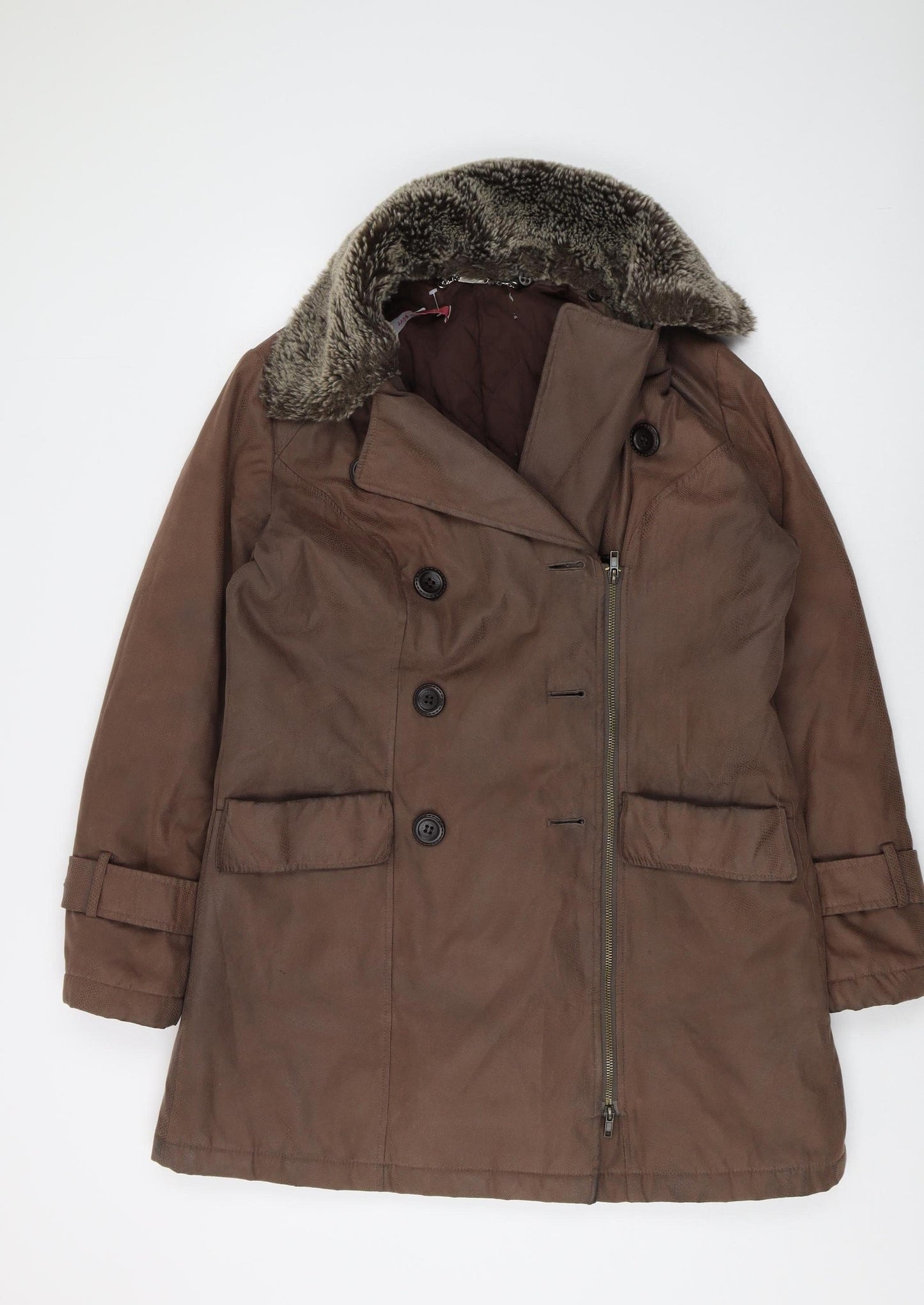 Jacques Vert Women's Brown Pea Coat, Size 14, Fur Trim