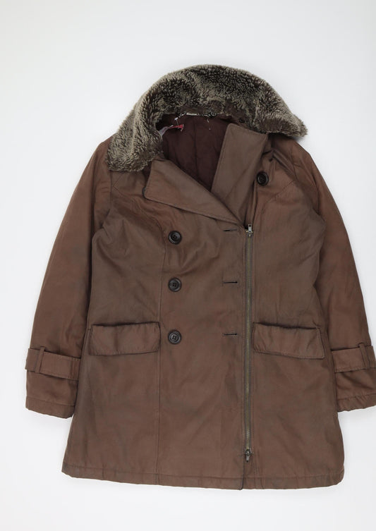Jacques Vert Women's Brown Pea Coat, Size 14, Fur Trim