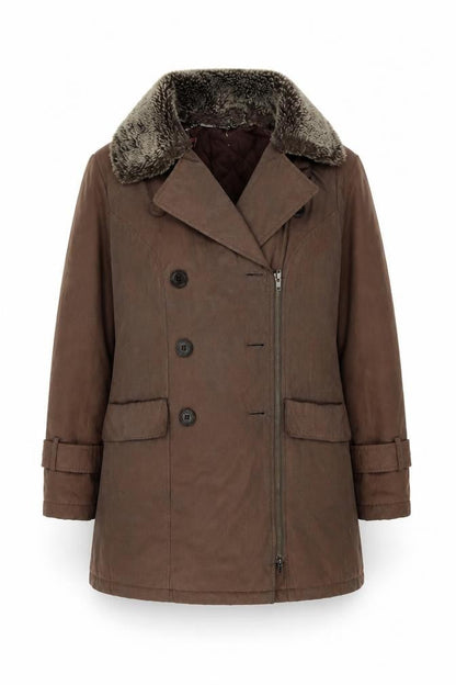 Jacques Vert Women's Brown Pea Coat, Size 14, Fur Trim