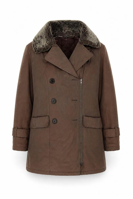 Jacques Vert Women's Brown Pea Coat, Size 14, Fur Trim
