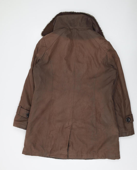 Jacques Vert Women's Brown Pea Coat, Size 14, Fur Trim