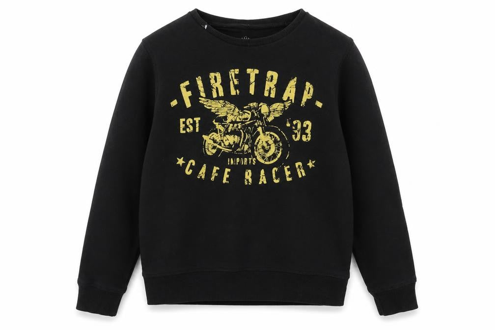 Front view of Firetrap boys’ black graphic pullover sweatshirt, size 13