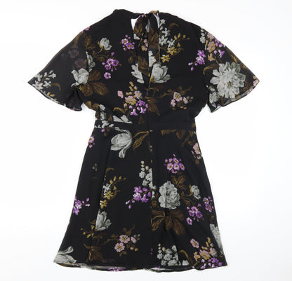 Warehouse Women's Black Floral Fit & Flare Dress, Size 10