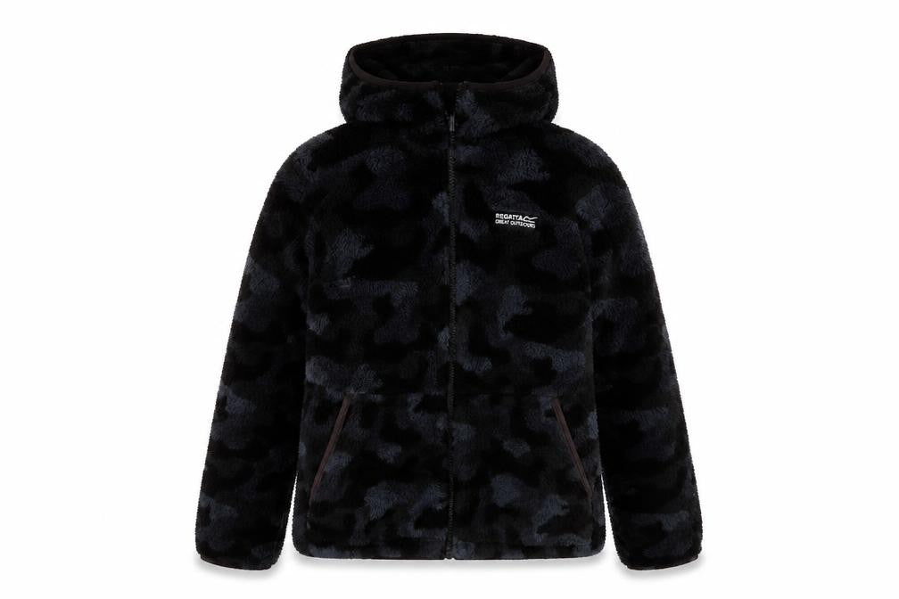 Front view of Regatta boys’ black camouflage puffer jacket 11-12 years
