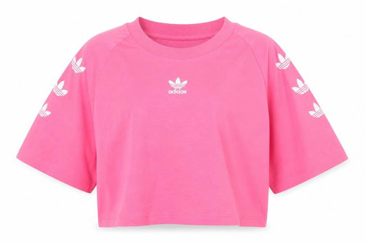 Front view of Adidas Women's Pink Cropped T-Shirt -, size 4, Crew Neck