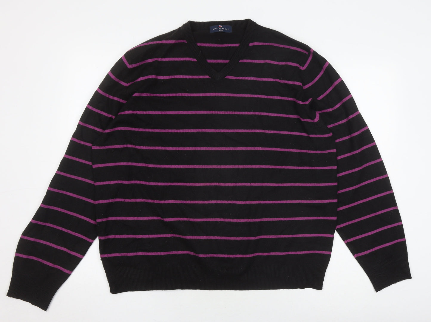 Marks and Spencer Men's XL Black Striped V-Neck Jumper