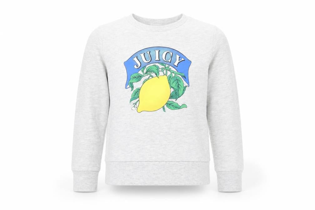 Front view of Juicy Couture girls’ grey pullover top, 7-8 years, graphic logo
