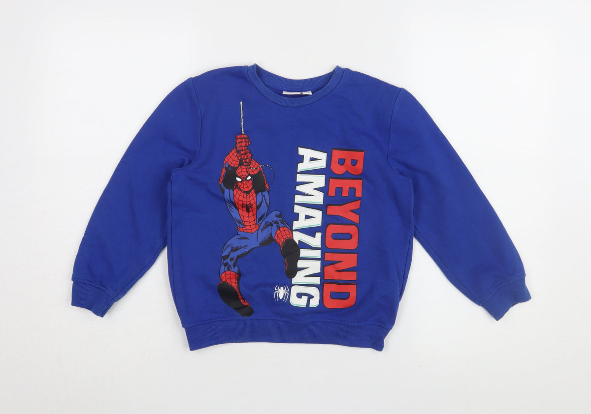Front view of Marvel boys’ blue spider-man graphic sweatshirt, size 8, pullover