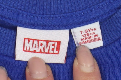 Close-up detail of Marvel boys’ blue spider-man graphic sweatshirt, size 8, pullover
