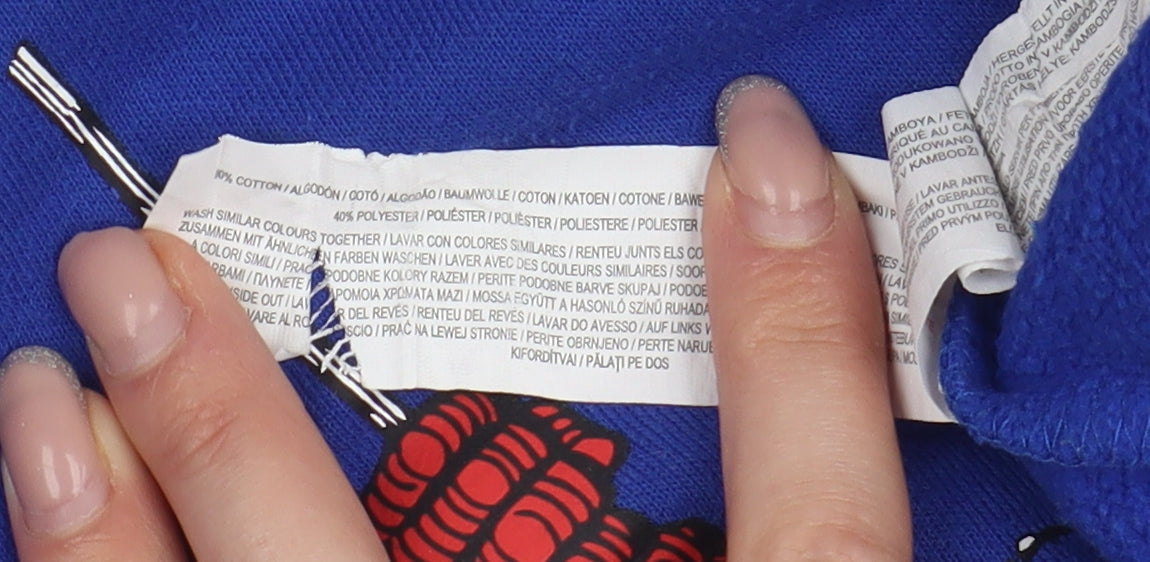 Brand and care label for Marvel boys’ blue spider-man graphic sweatshirt, size 8, pullover