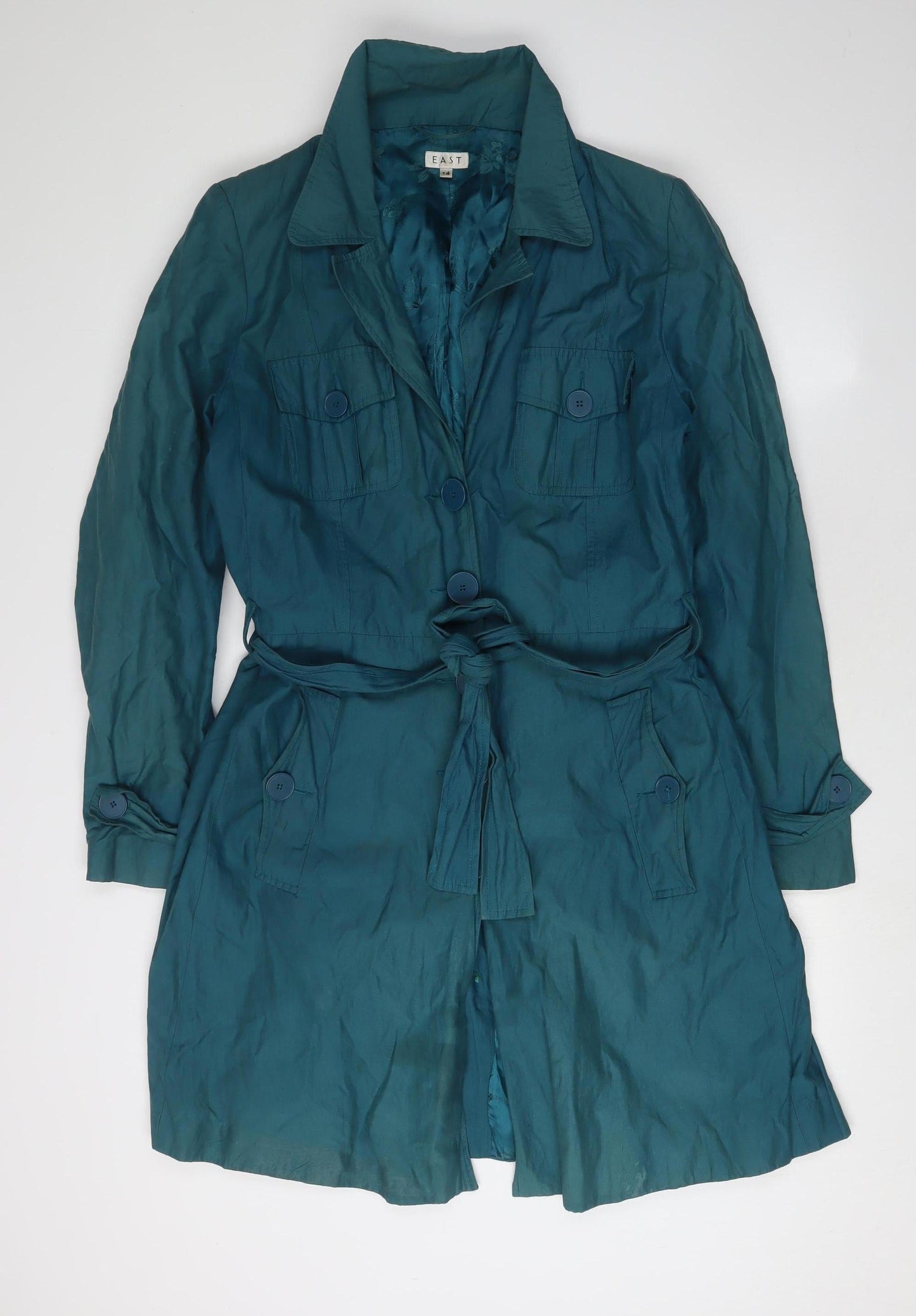 East Women's Blue Trench Coat, Size 14, Belted Mid-Length