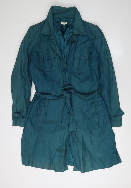 East Women's Blue Trench Coat, Size 14, Belted Mid-Length