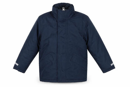 Front view of Hill & Woods boys’ blue puffer jacket xs winter coat