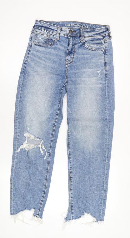 American Eagle Women’s Blue Straight Jeans, Distressed Look