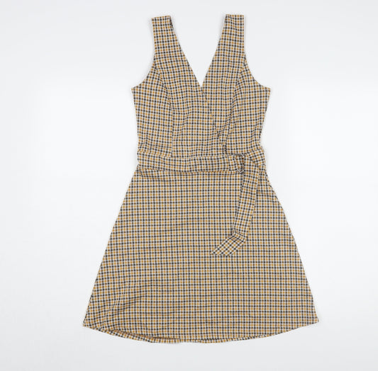 Miss Selfridge Women Beige Check V-Neck Mini Pinafore Dress UK6