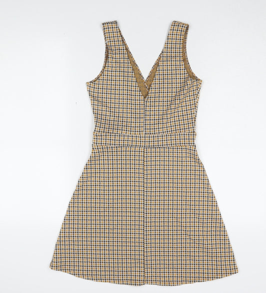 Miss Selfridge Women Beige Check V-Neck Mini Pinafore Dress UK6