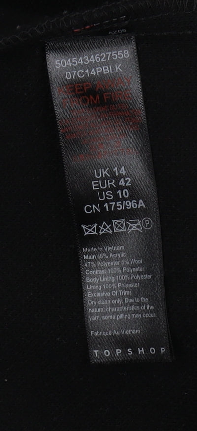 Womens UK Size 14 Topshop Black Overcoat