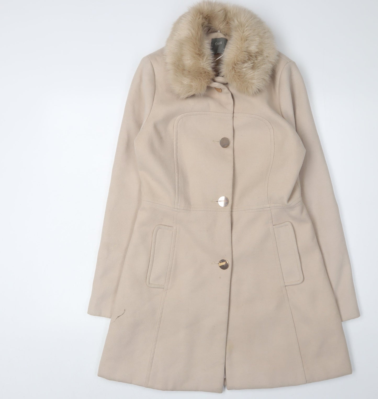Oasis Women's Beige Overcoat with Fur Trim S