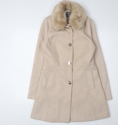 Oasis Women's Beige Overcoat with Fur Trim S