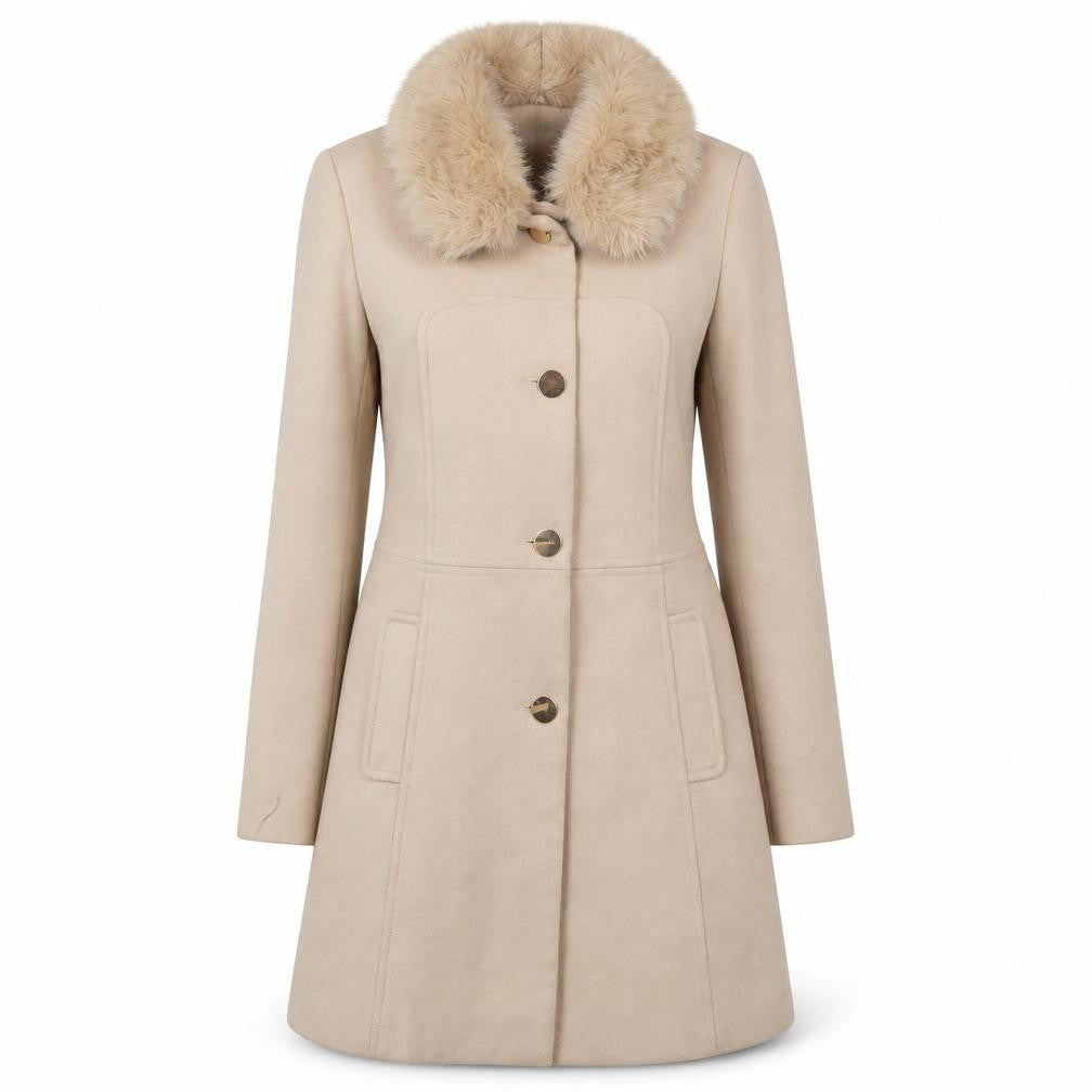 Oasis Women's Beige Overcoat with Fur Trim S