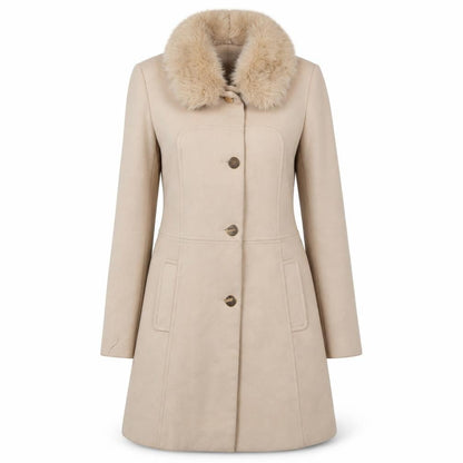 Oasis Women's Beige Overcoat with Fur Trim S