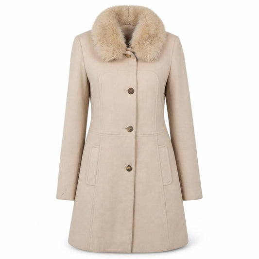 Oasis Women's Beige Overcoat with Fur Trim S