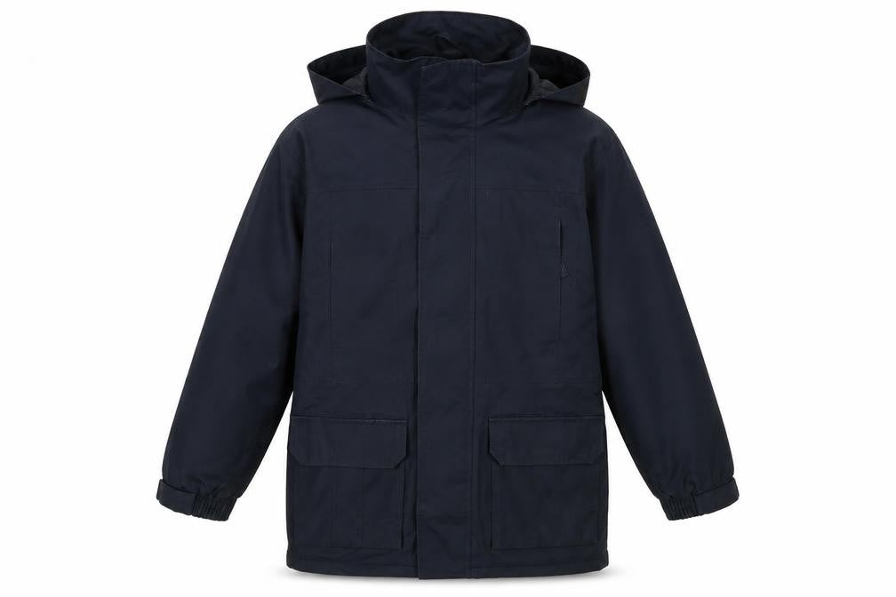 Front view of Winterbottom's boys’ blue rain coat jacket, l, hooded, school