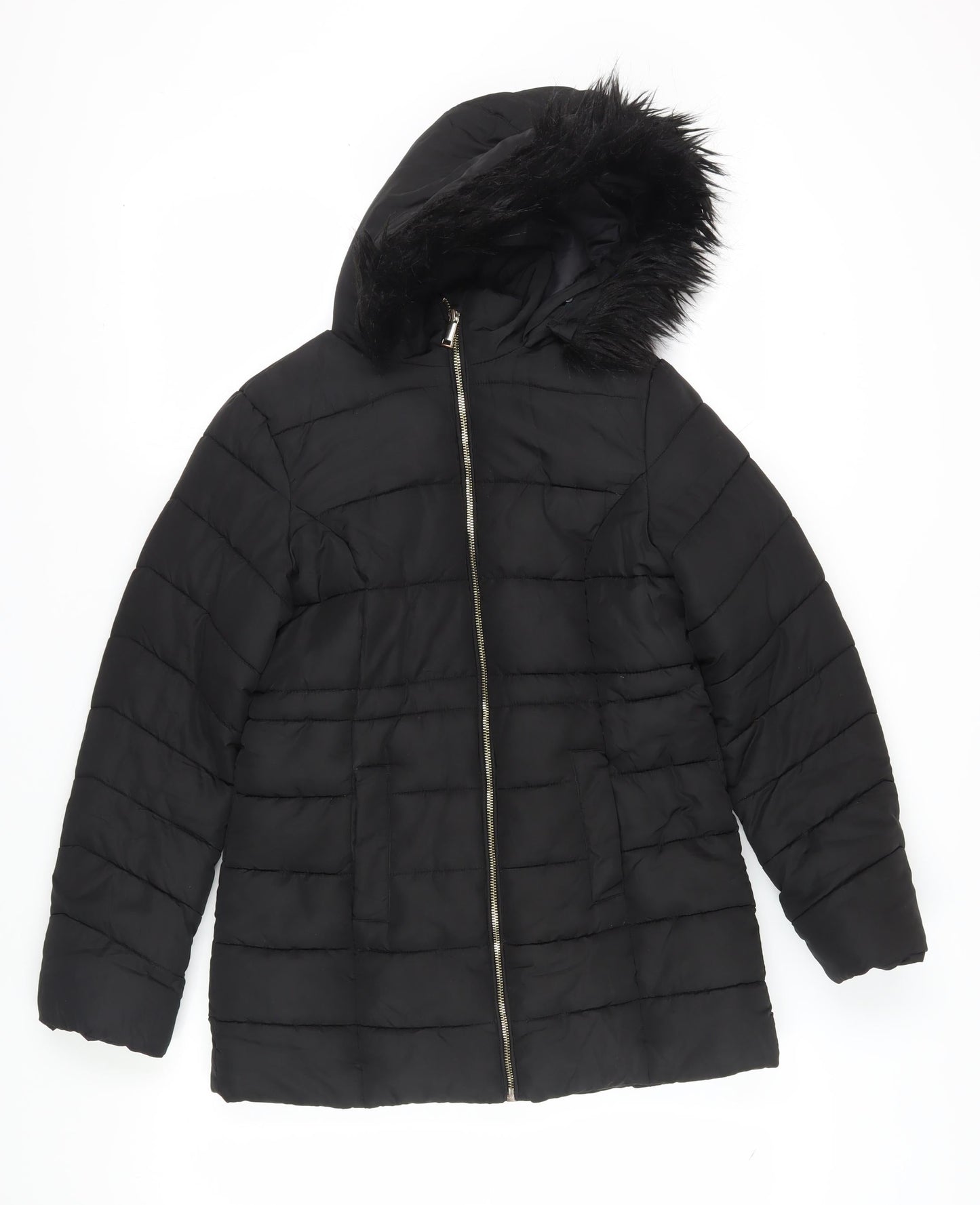 M&Co Girls Black Puffer Jacket with Faux Fur Hood - Size 12