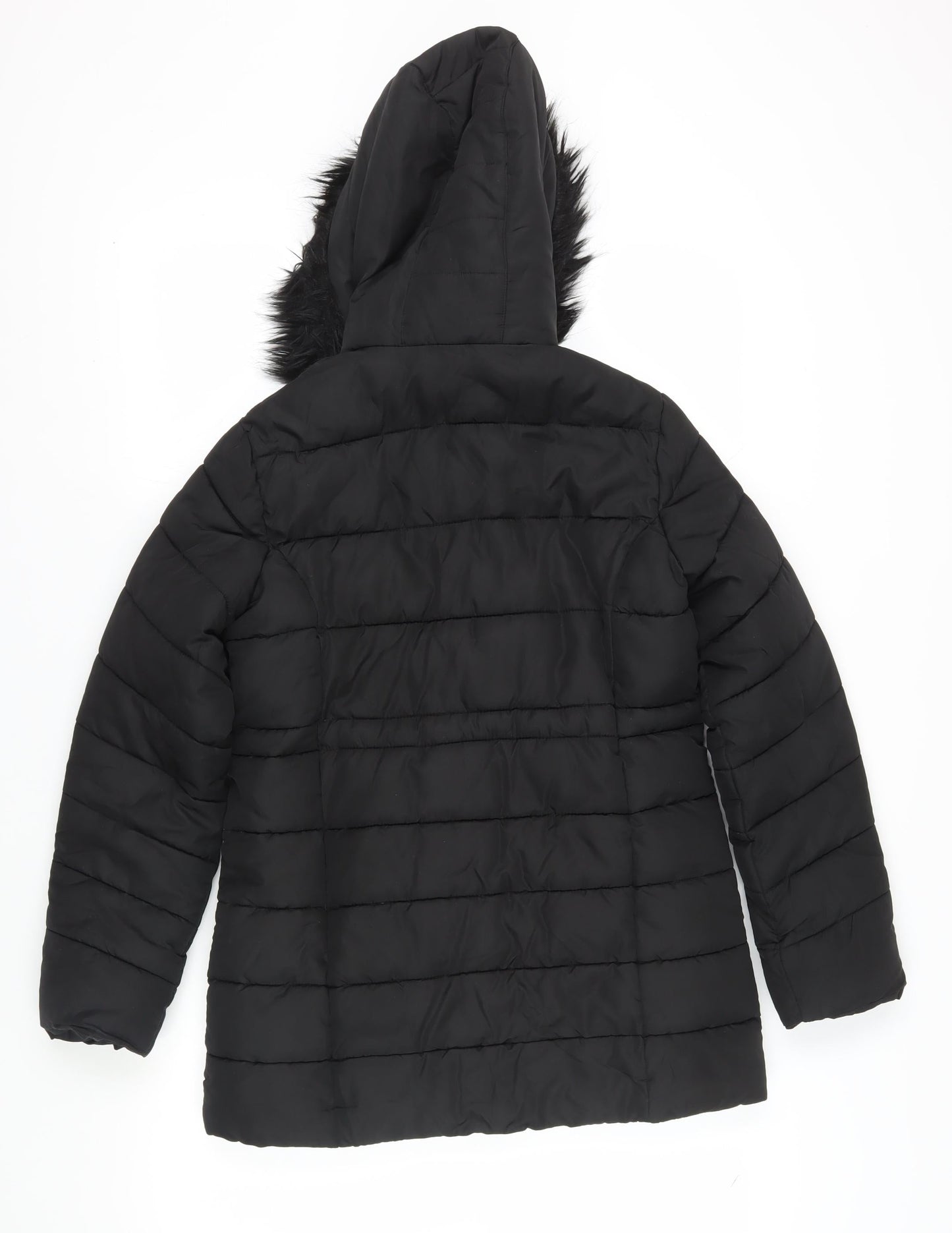 M&Co Girls Black Puffer Jacket with Faux Fur Hood - Size 12