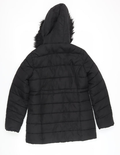 M&Co Girls Black Puffer Jacket with Faux Fur Hood - Size 12