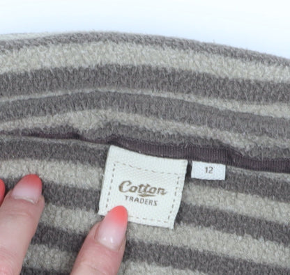 Cotton Traders Women's Beige Striped Fleece Pullover