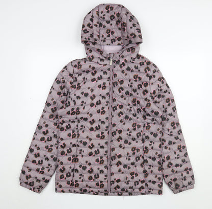 Additional front view of Next girls’ leopard print puffer jacket 16 years hooded
