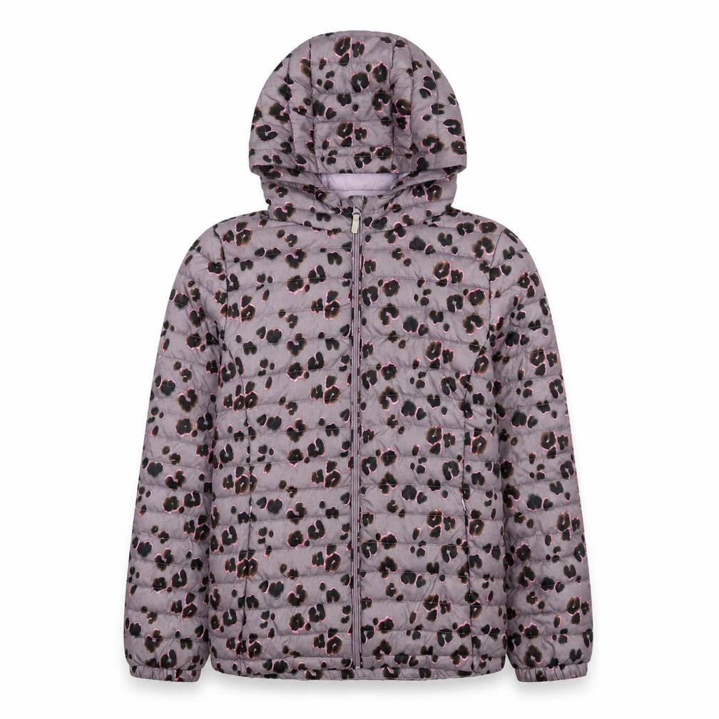 Front view of Next girls’ leopard print puffer jacket 16 years hooded