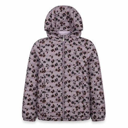Front view of Next girls’ leopard print puffer jacket 16 years hooded