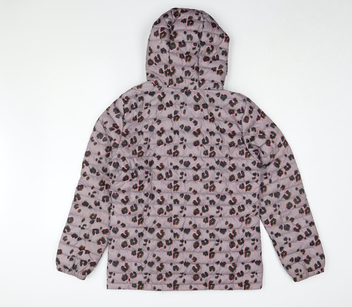 Back view of Next girls’ leopard print puffer jacket 16 years hooded