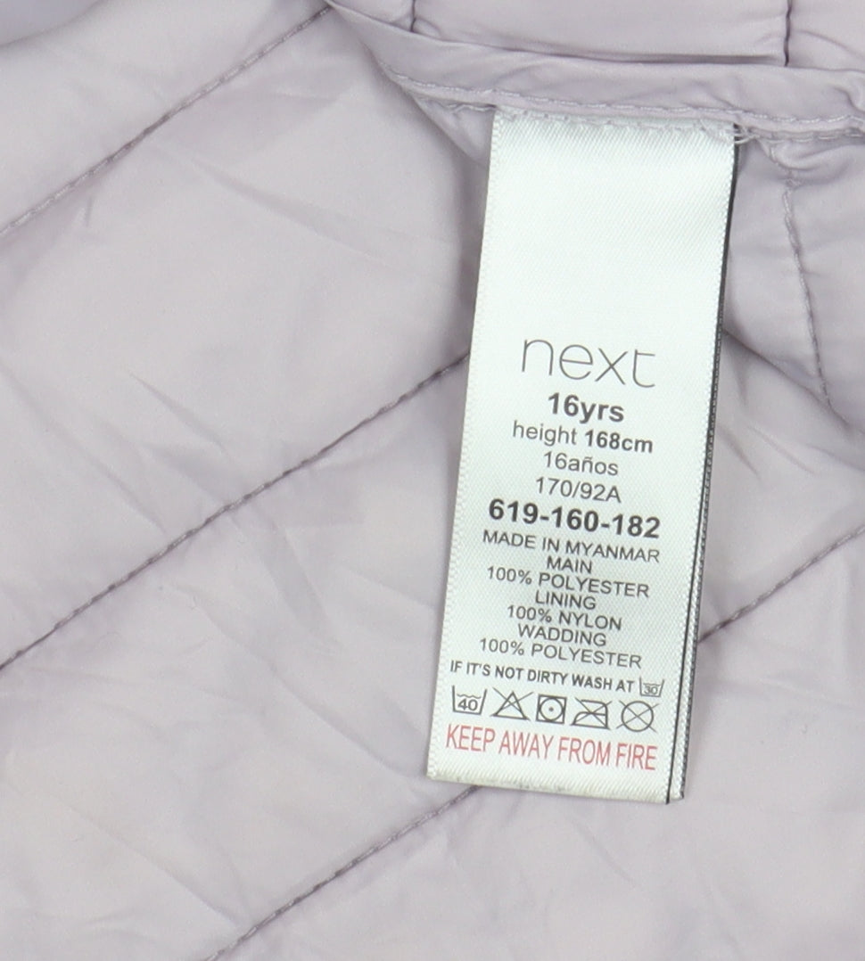 Close-up detail of Next girls’ leopard print puffer jacket 16 years hooded