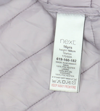 Close-up detail of Next girls’ leopard print puffer jacket 16 years hooded