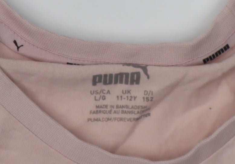 Puma Girls Pink T-Shirt 11-12 Years Short Sleeve Crew Neck Logo