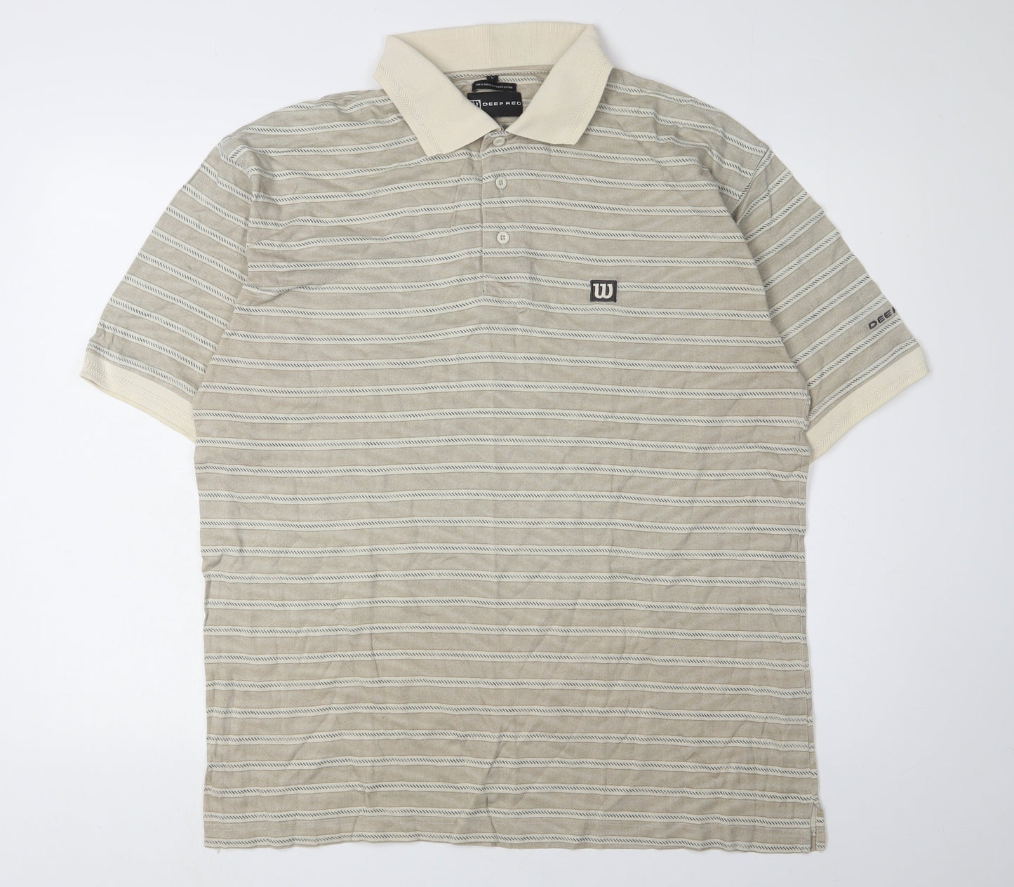 Deep Red Men's Beige Striped Polo - Large