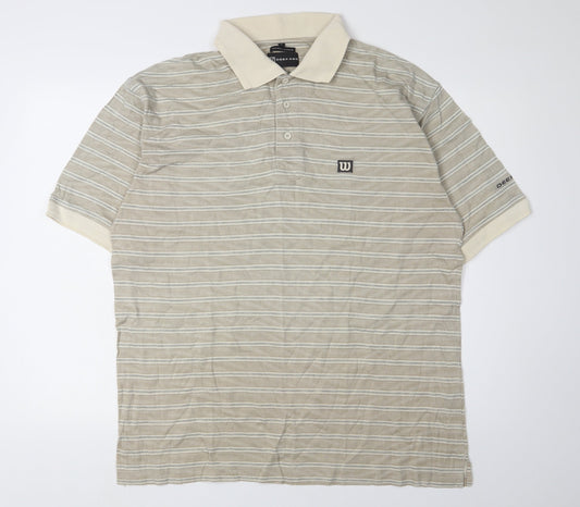 Deep Red Men's Beige Striped Polo - Large