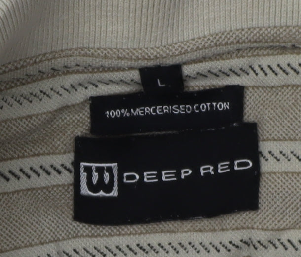 Deep Red Men's Beige Striped Polo - Large