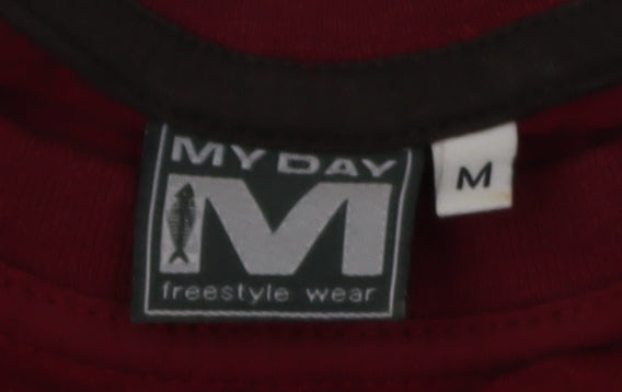 My Day Men's Red Embroidered Cotton T-Shirt, Size M