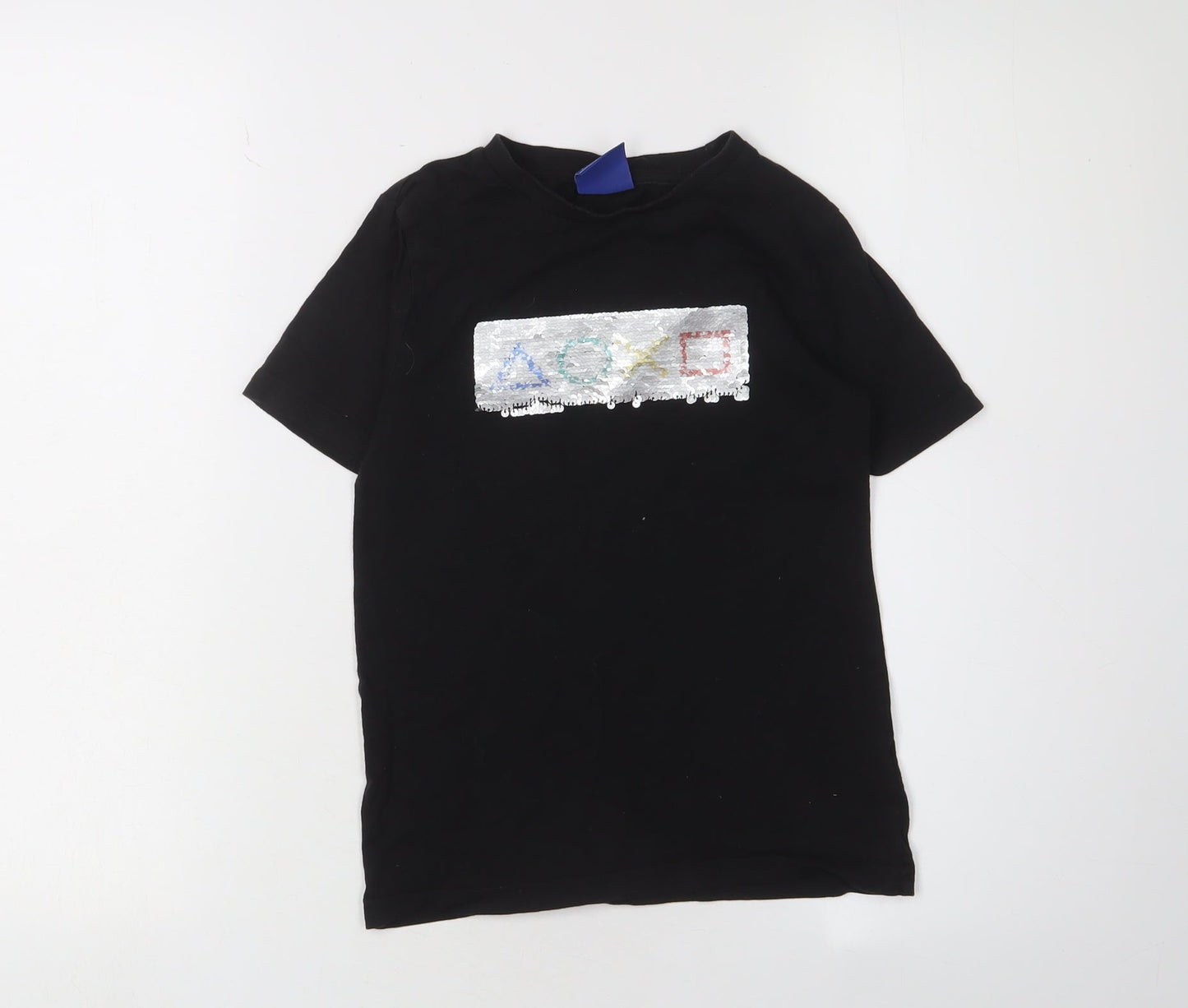 M&Co Boys Black Sequin Graphic T-Shirt 7-8 Years Short Sleeve