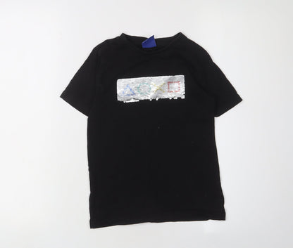 M&Co Boys Black Sequin Graphic T-Shirt 7-8 Years Short Sleeve