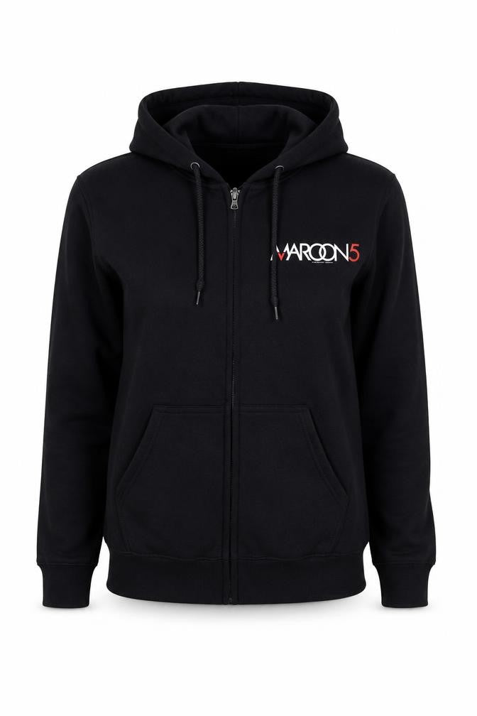 Front view of Gildan unisex maroon 5 black full zip hoodie, size S